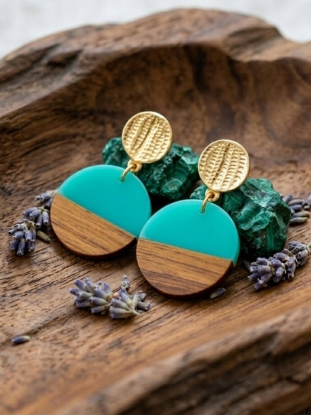 Turquoise Color Resin and Wood Drop Earrings Bohemian Naturecore Gold Stud 2in